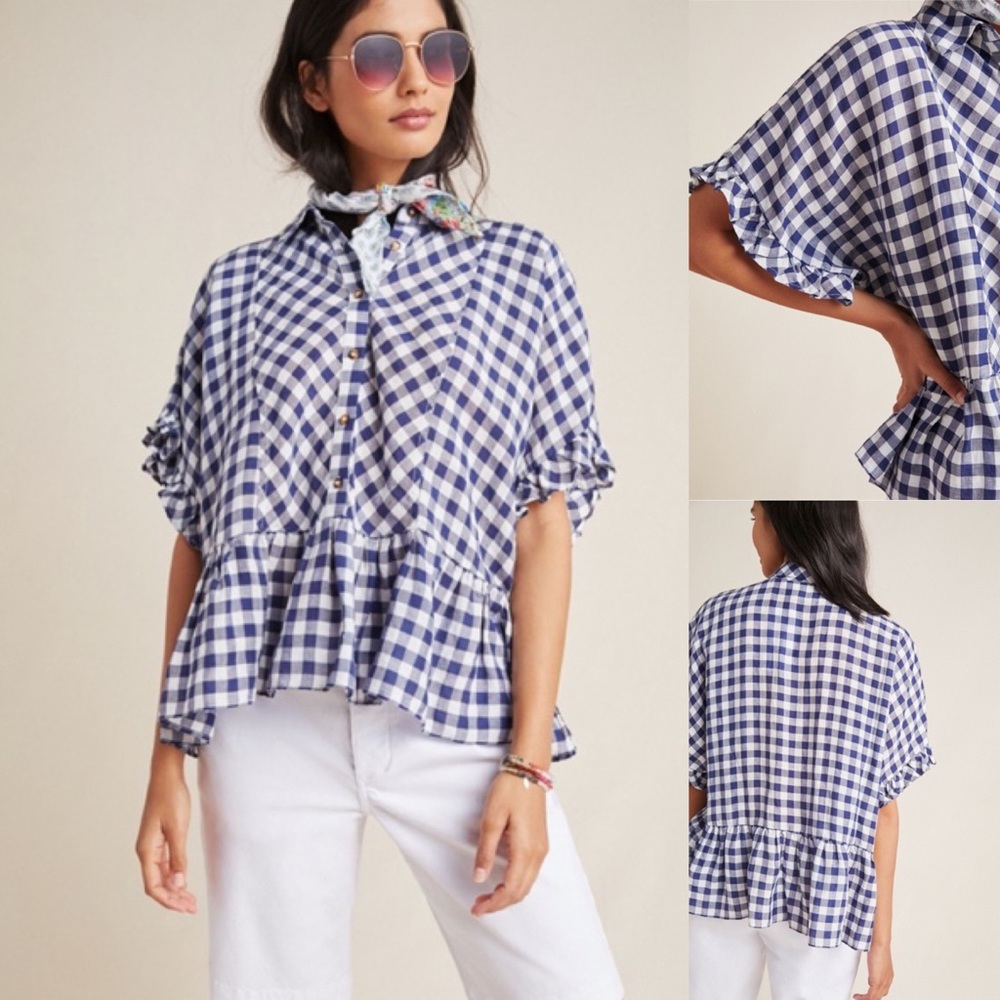 Anthropologie Maeve Flounced Gingham Top XS